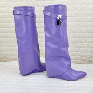 Lilac Purple Wedge Heel Skirted Fold Over Knee Boots